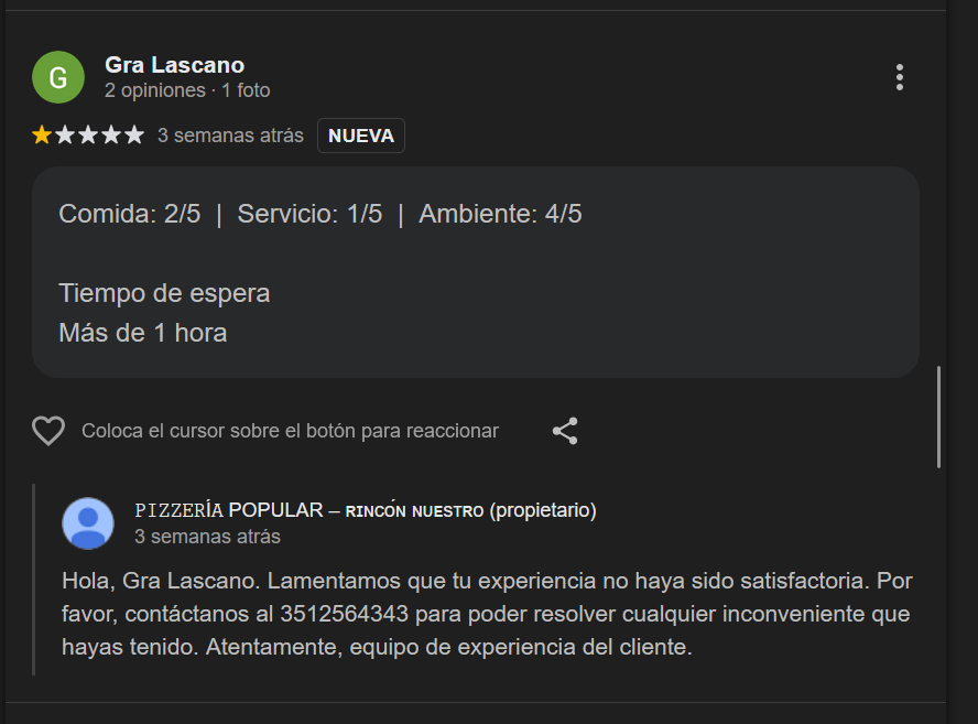 Ejemplo de respuesta efectiva a una reseña negativa