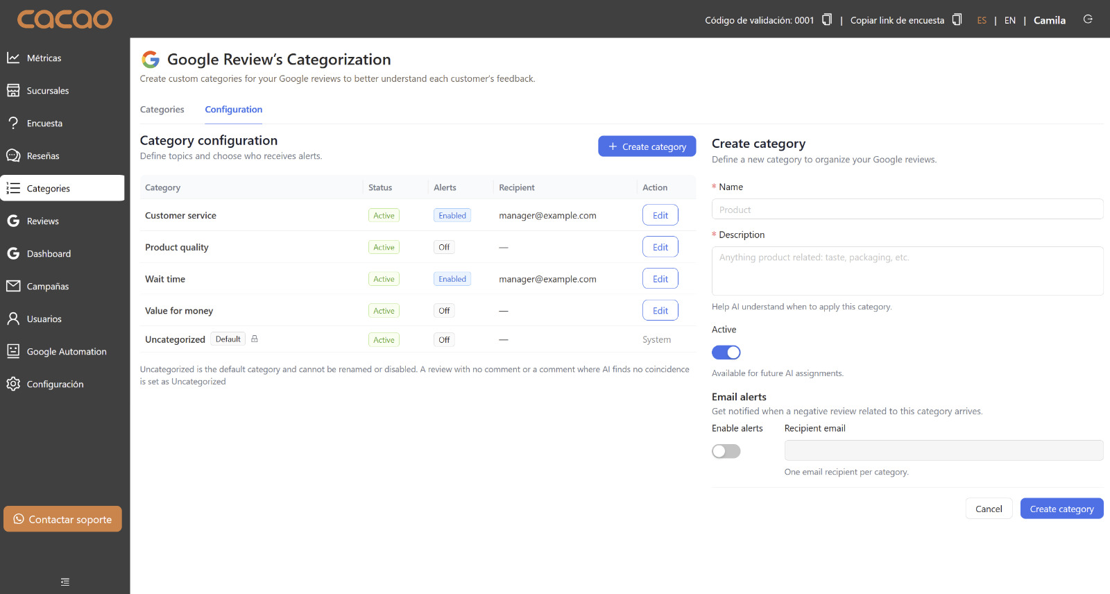 Cacao category configuration form with fields for name, description, email alerts, and recipient email.