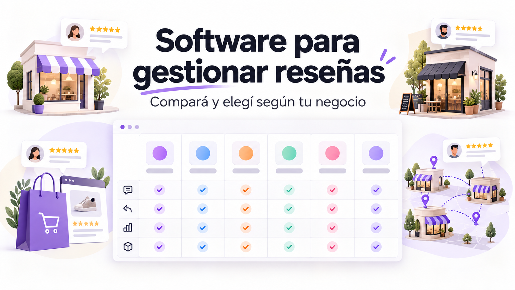 Tabla comparativa de seis opciones de software para gestionar reseñas, junto a negocios locales, una tienda online y varias sucursales.