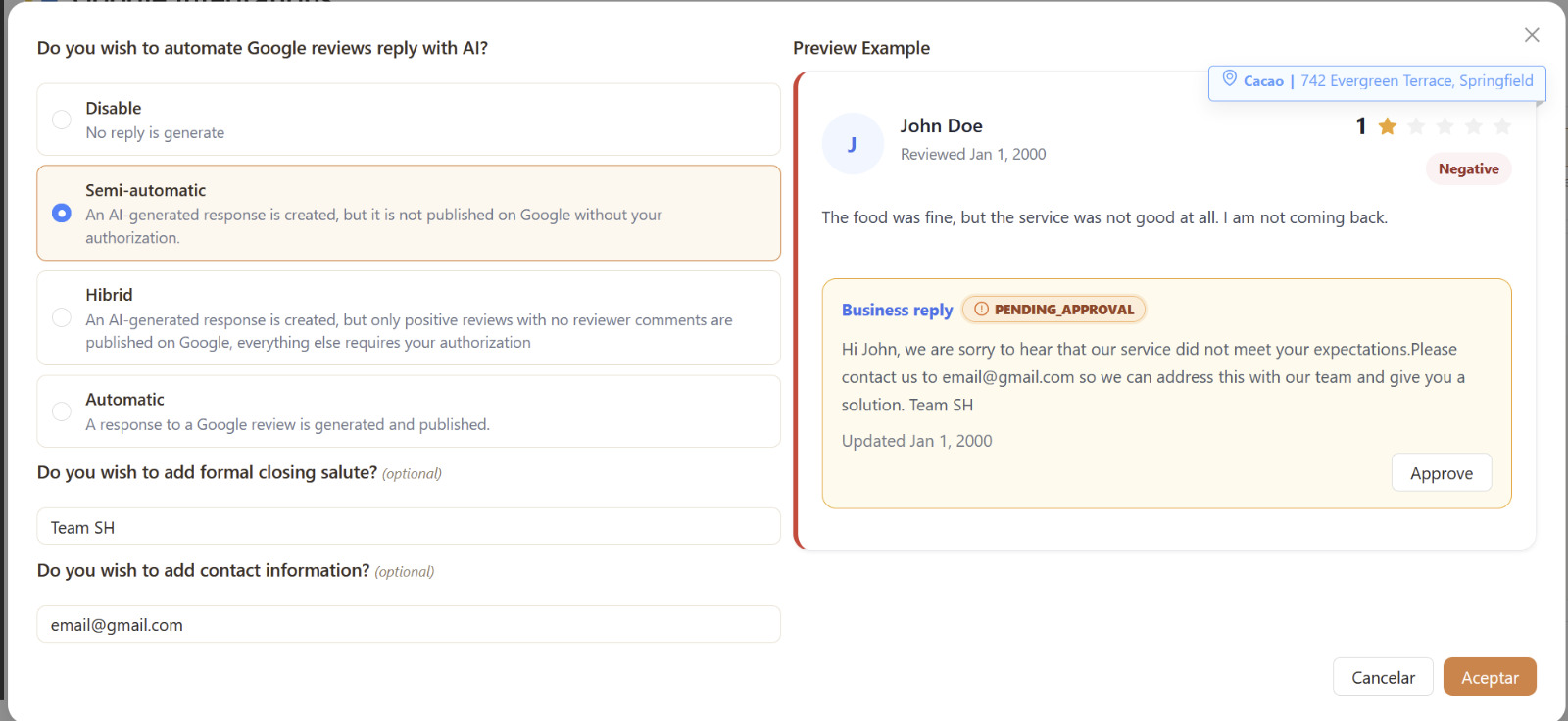 Configuración de respuestas a reseñas de Google con IA en Cacao, con modo semiautomático y vista previa de una respuesta pendiente de aprobación.