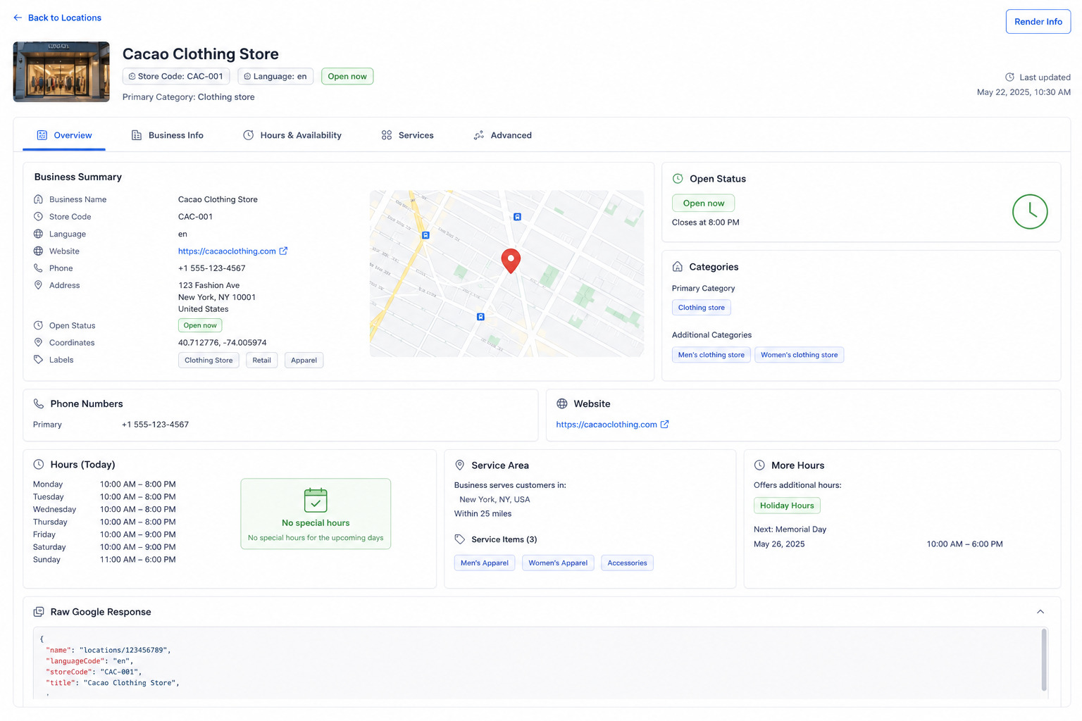 Cacao dashboard for managing Google Business Profiles across multiple locations