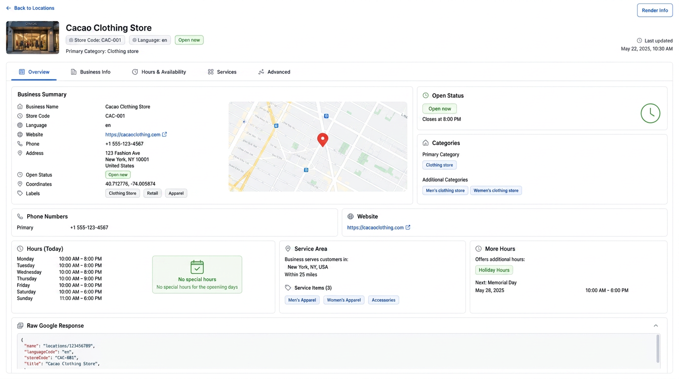 Cacao Google Listings dashboard showing business information, hours, categories, service area, and map location for a Google Business Profile