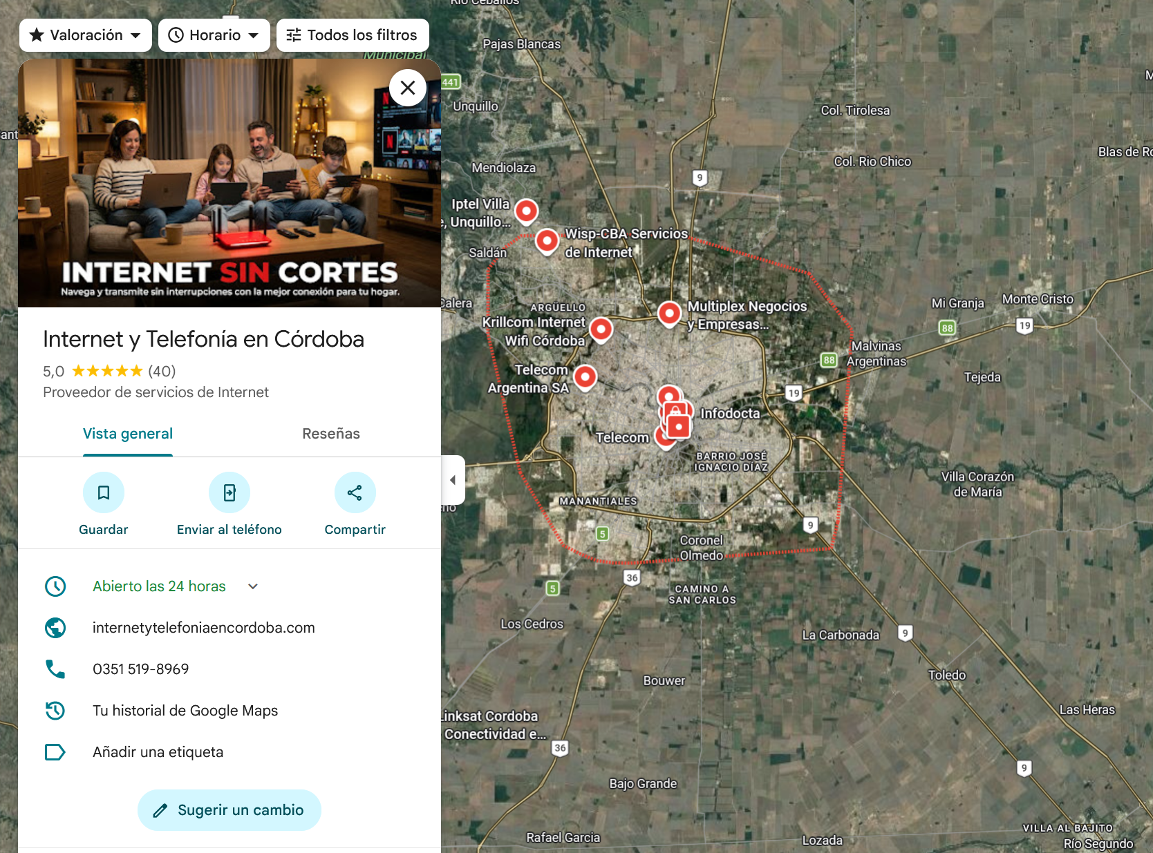 Ejemplo de perfil de Google Maps de Internet y Telefonía