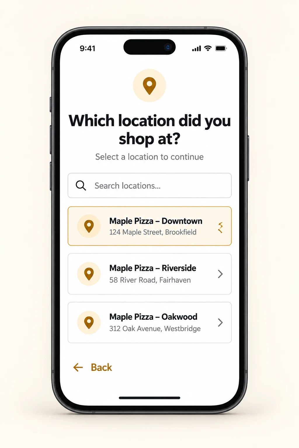 Maple Pizza location selector showing three branches so customers can choose where they shopped.