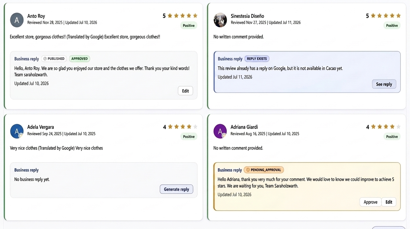 Multi-location review management dashboard for managing and responding to Google reviews