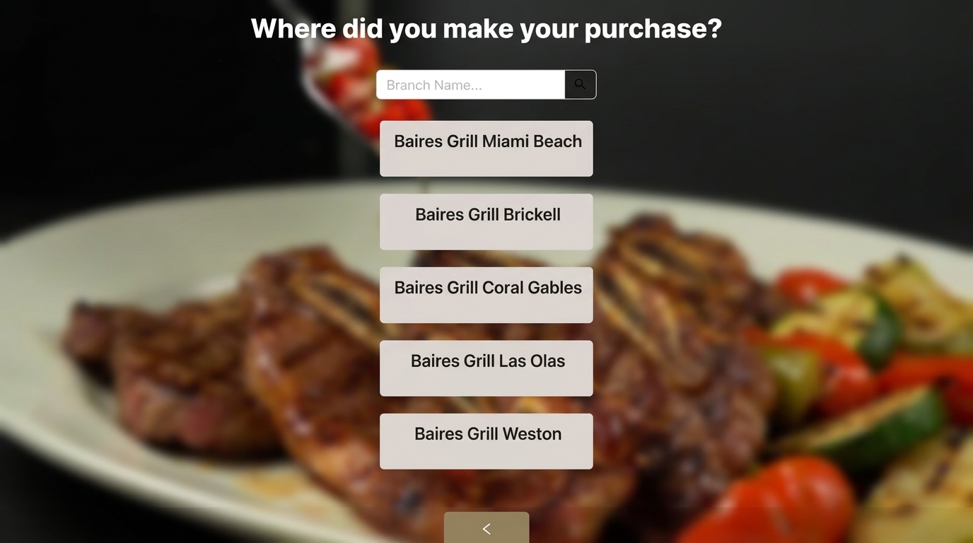 Cacao geolocated QR review flow asking a customer to select the restaurant location where they made a purchase