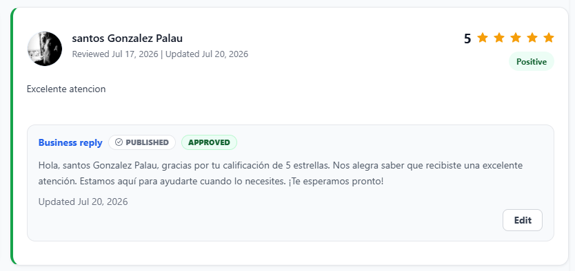 Respuesta de Cacao generada con IA para una reseña positiva de Google, aprobada y publicada