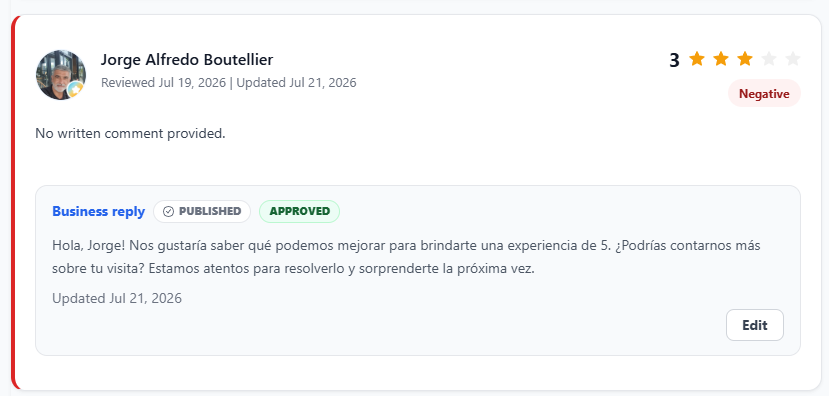 Respuesta de Cacao generada con IA para una reseña negativa de Google, aprobada y publicada
