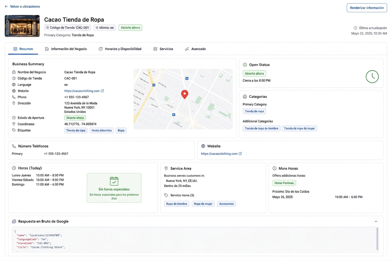 Panel de Cacao para gestionar fichas de Google en múltiples sucursales